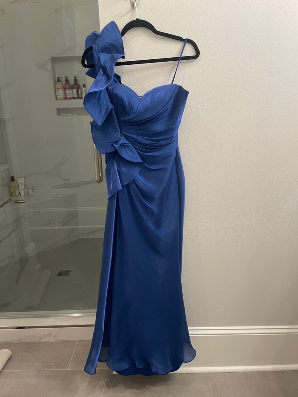 Badgley Mischka Royal Blue One-Shoulder Ruffled Silk Gown